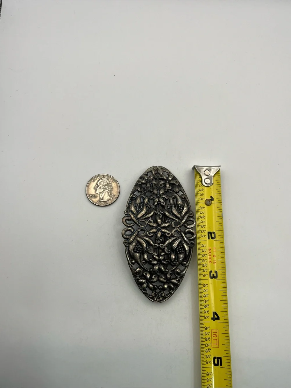 Art Nouveau style silver tone flower filigree oval hair clip barrette